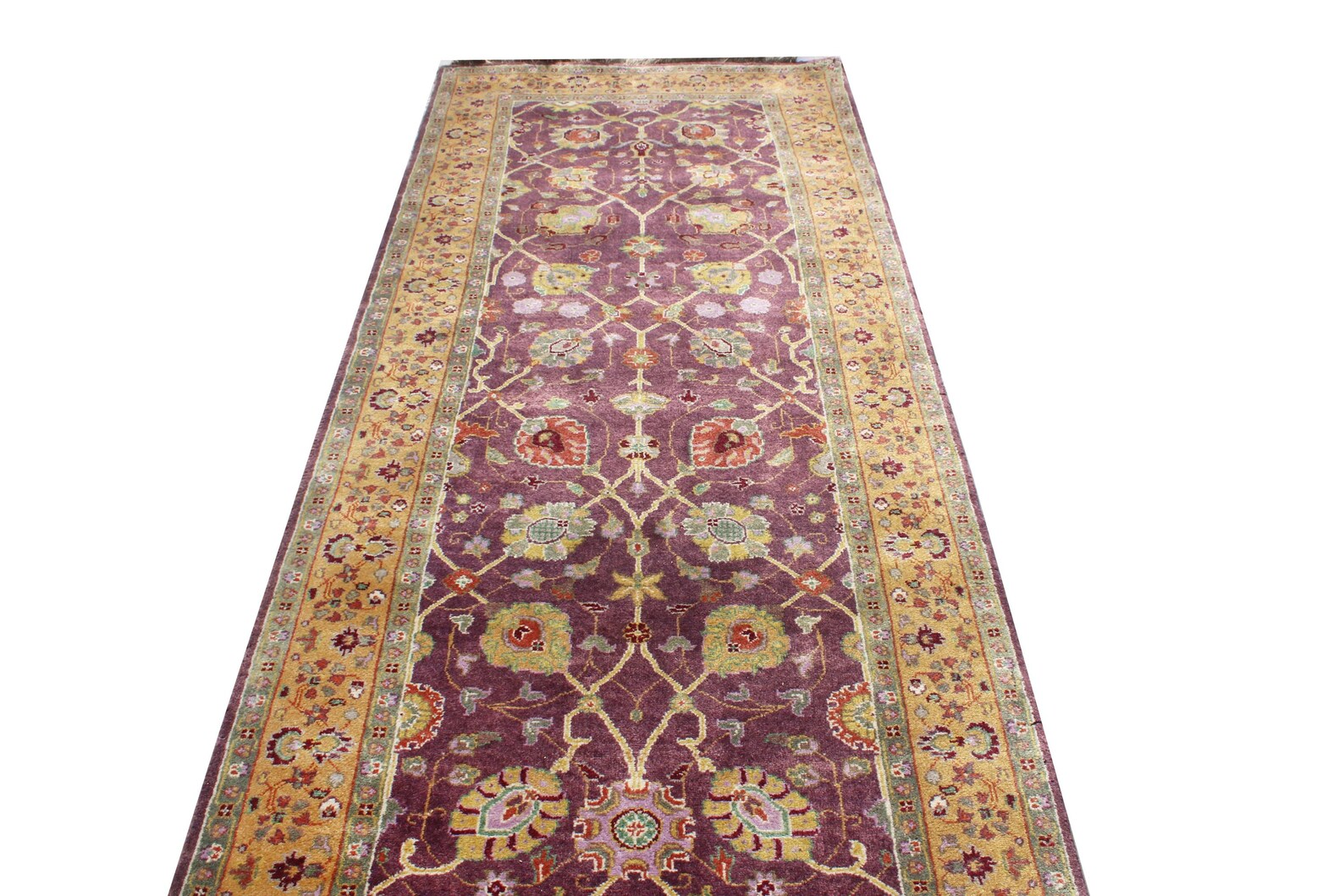 11 ft Antique Style Purple Gold Oushak Runner, hallway Runner Turkish Rug