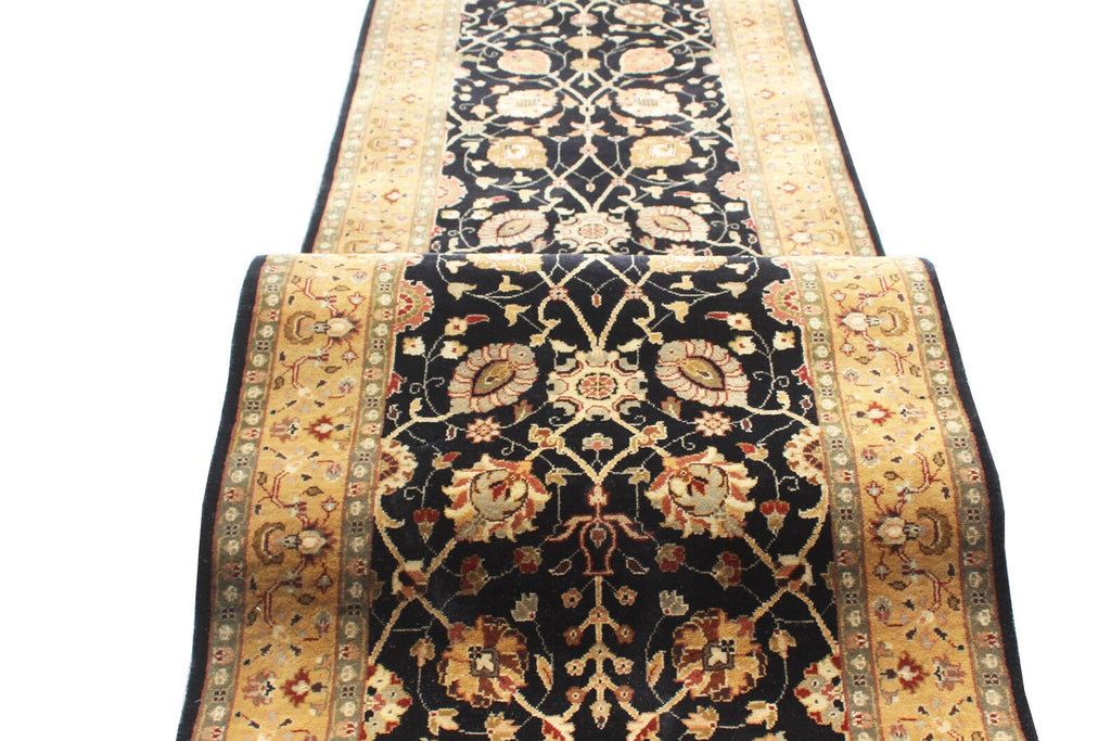 12 ft long Traditional oriental Style, Black & Gold New Zealand Wool Runner Rug