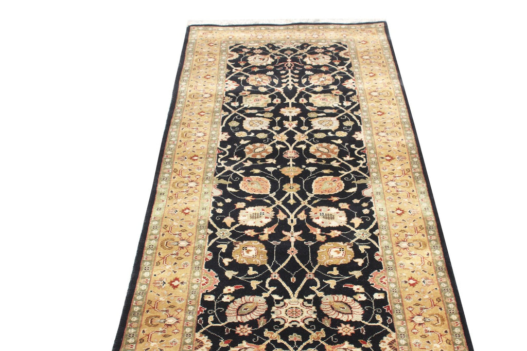 12 ft long Traditional oriental Style, Black & Gold New Zealand Wool Runner Rug
