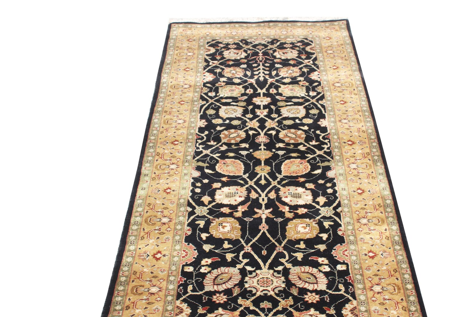 12 ft long Traditional oriental Style, Black & Gold New Zealand Wool Runner Rug
