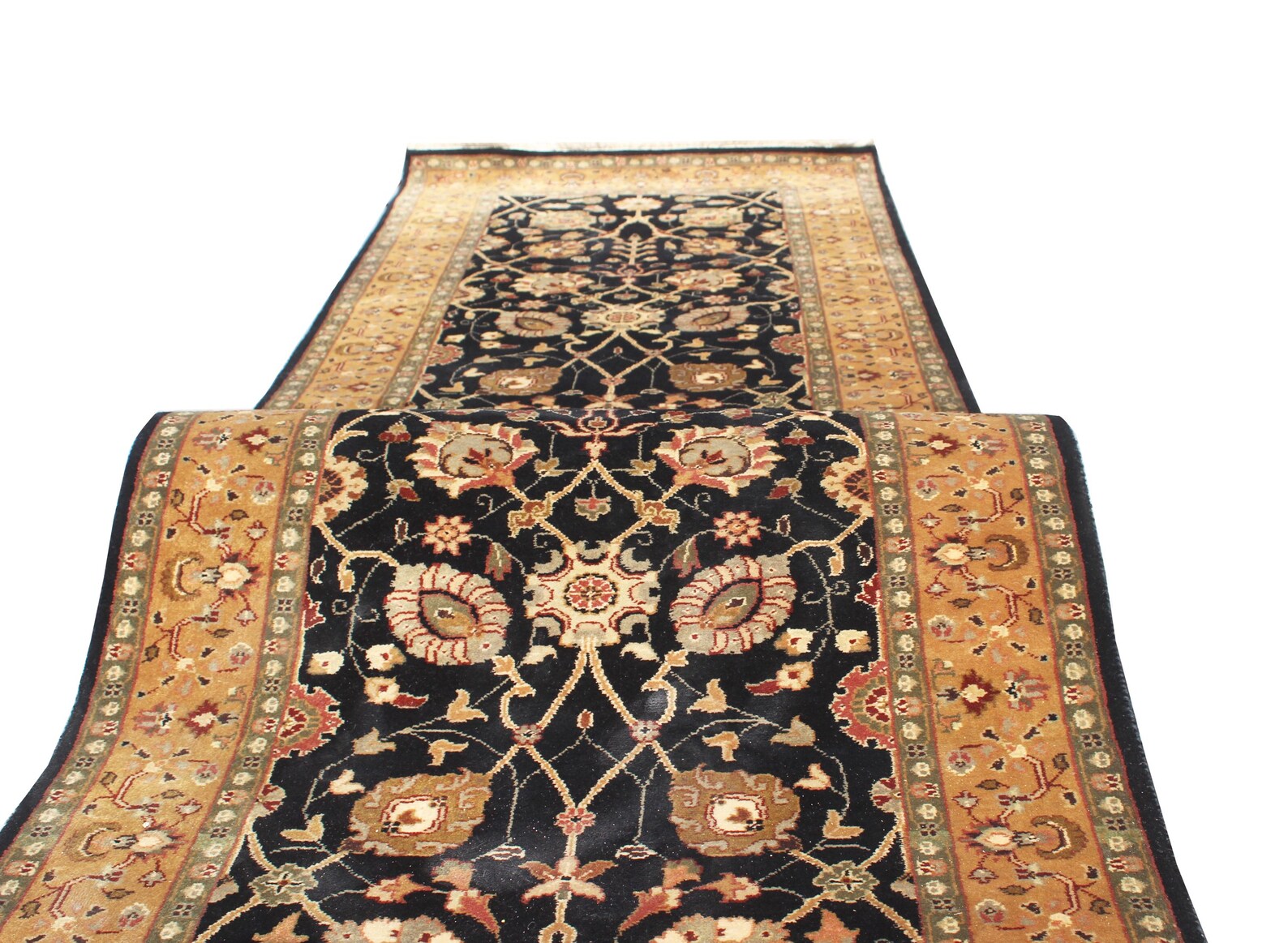 12 ft long Traditional oriental Style, Black & Gold New Zealand Wool Runner Rug