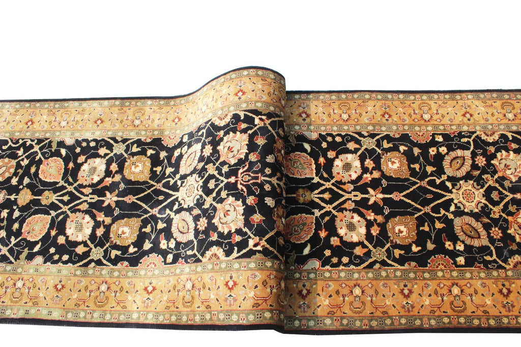 12 ft long Traditional oriental Style, Black & Gold New Zealand Wool Runner Rug