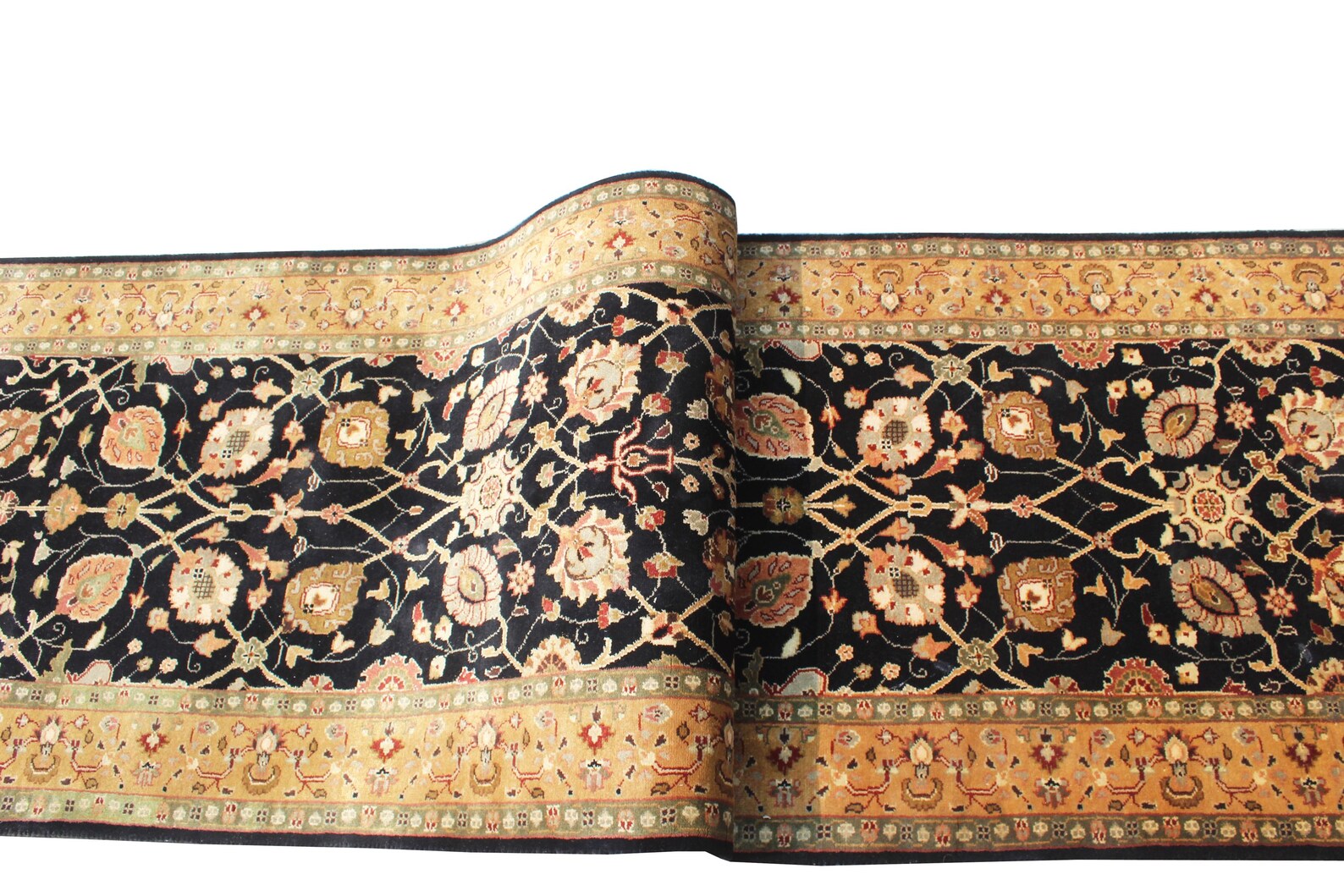 12 ft long Traditional oriental Style, Black & Gold New Zealand Wool Runner Rug