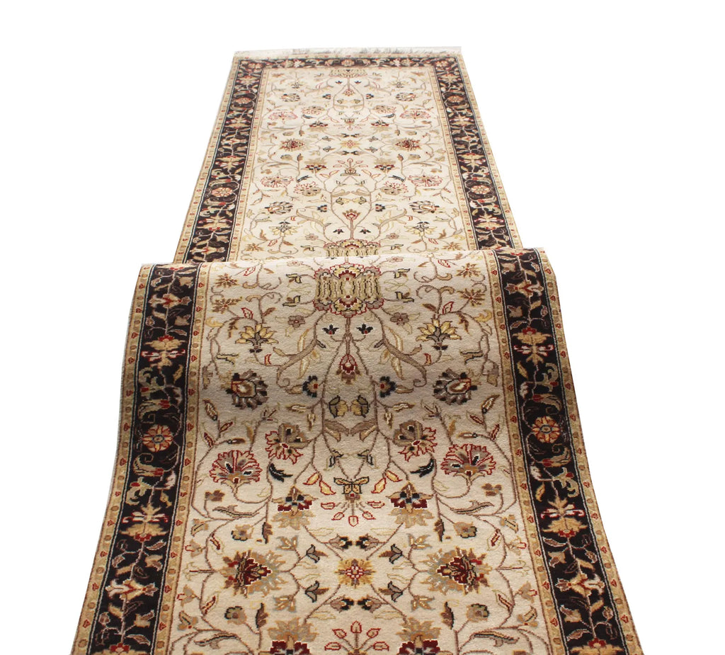 Hand-Knotted 12 ft ft Beige Black traditional Wool Runner Rug, Vintage Style Medallion Runner