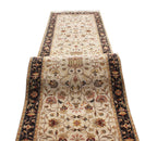 Hand-Knotted 12 ft ft Beige Black traditional Wool Runner Rug, Vintage Style Medallion Runner