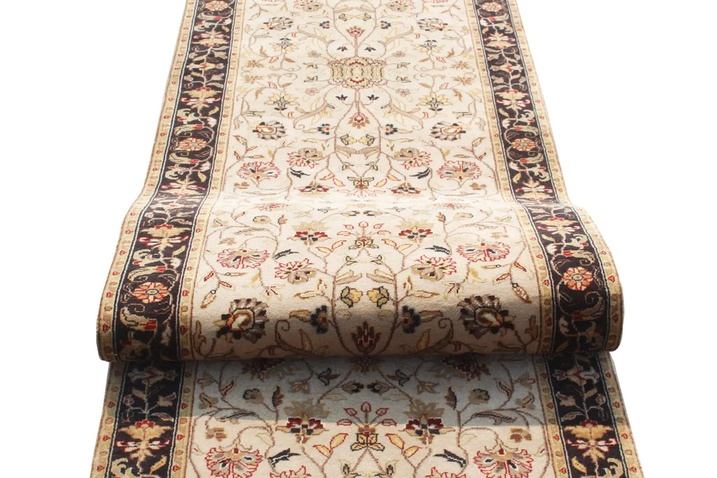 Hand-Knotted 12 ft ft Beige Black traditional Wool Runner Rug, Vintage Style Medallion Runner