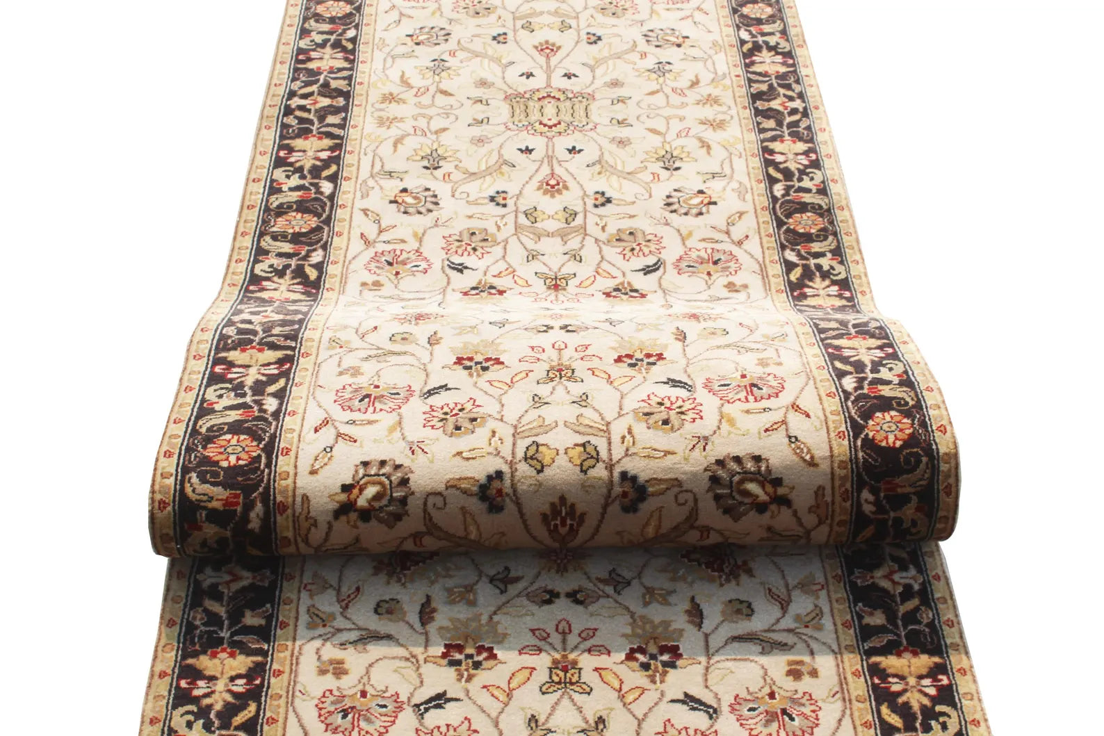 Hand-Knotted 12 ft ft Beige Black traditional Wool Runner Rug, Vintage Style Medallion Runner