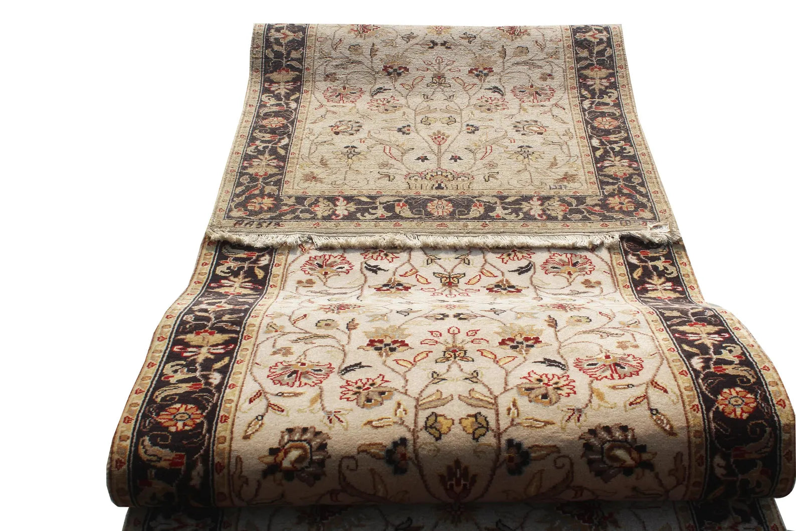 Hand-Knotted 12 ft ft Beige Black traditional Wool Runner Rug, Vintage Style Medallion Runner