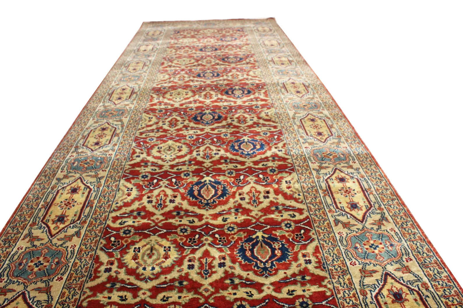 14 ft Extra Long Persian Runner Rug, Traditional Red Blue Gallery Rug, Antique Style Runner