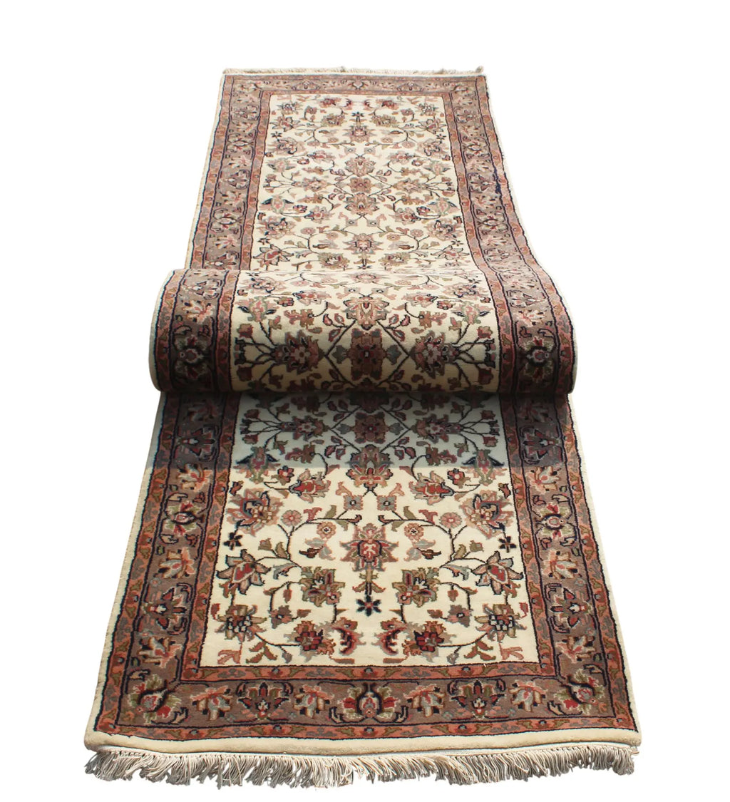 10 ft Vintage Style Floral Persian runner - Cream & Sage Green Hallway Runner