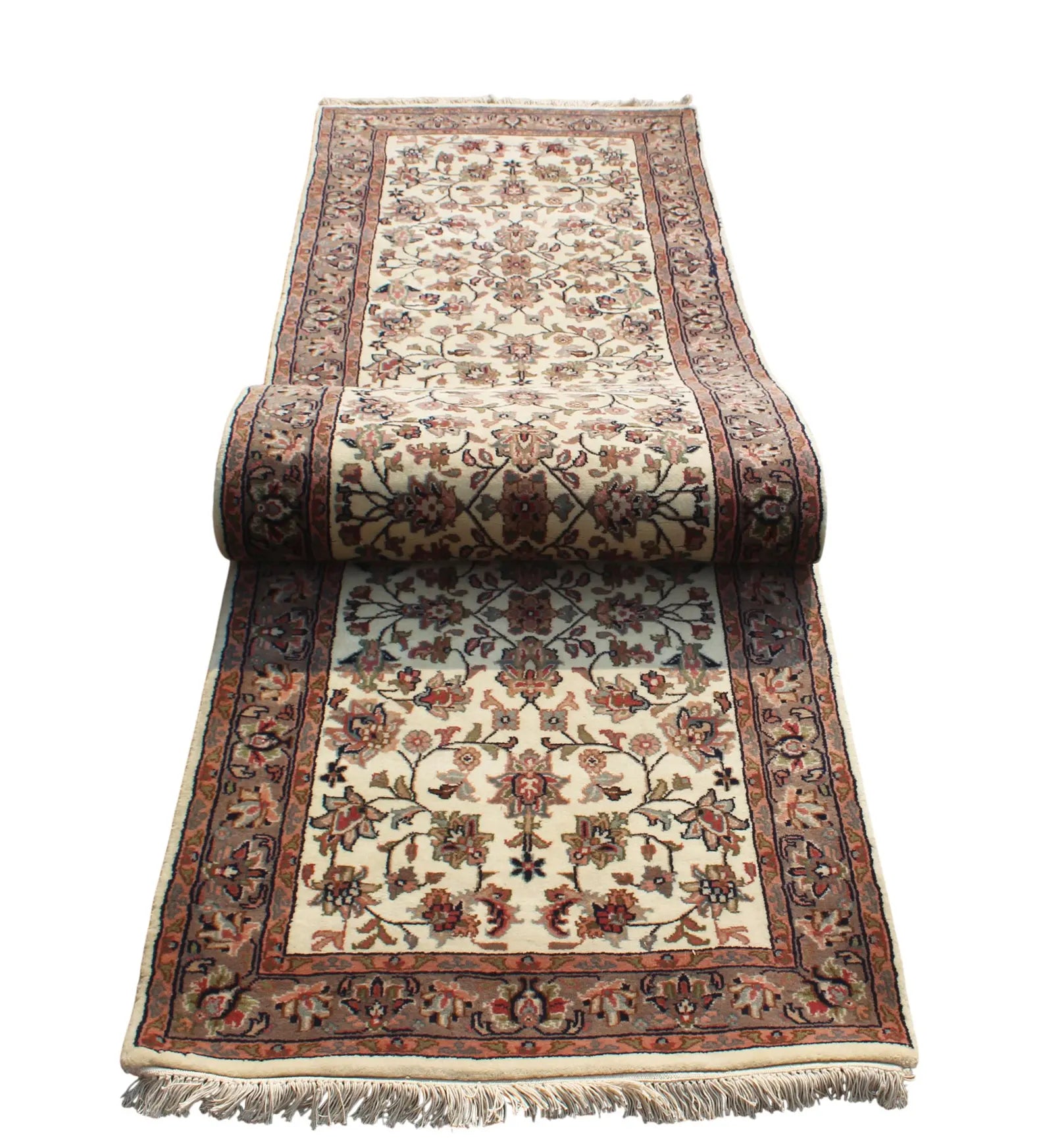 10 ft Vintage Style Floral Persian runner - Cream & Sage Green Hallway Runner
