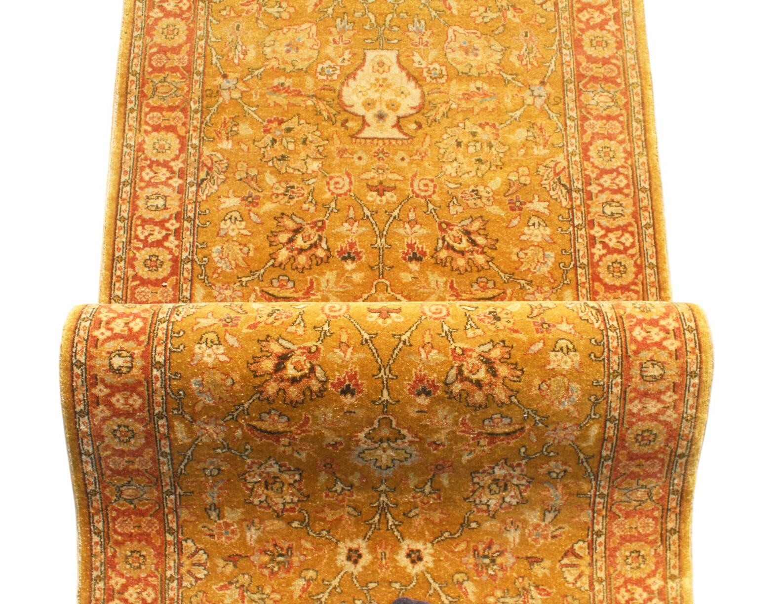 10 Ft Traditional Runner, Gold Wool Rug, Vintage Floral Persian Style Hallway Carpet