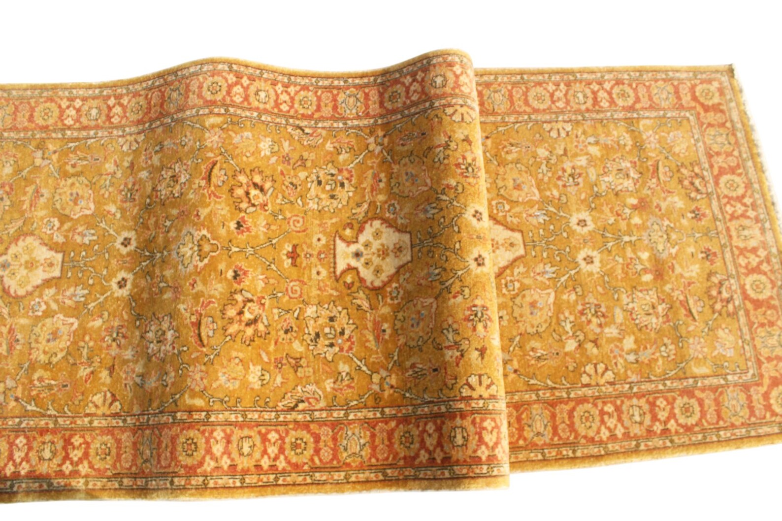 10 Ft Traditional Runner, Gold Wool Rug, Vintage Floral Persian Style Hallway Carpet
