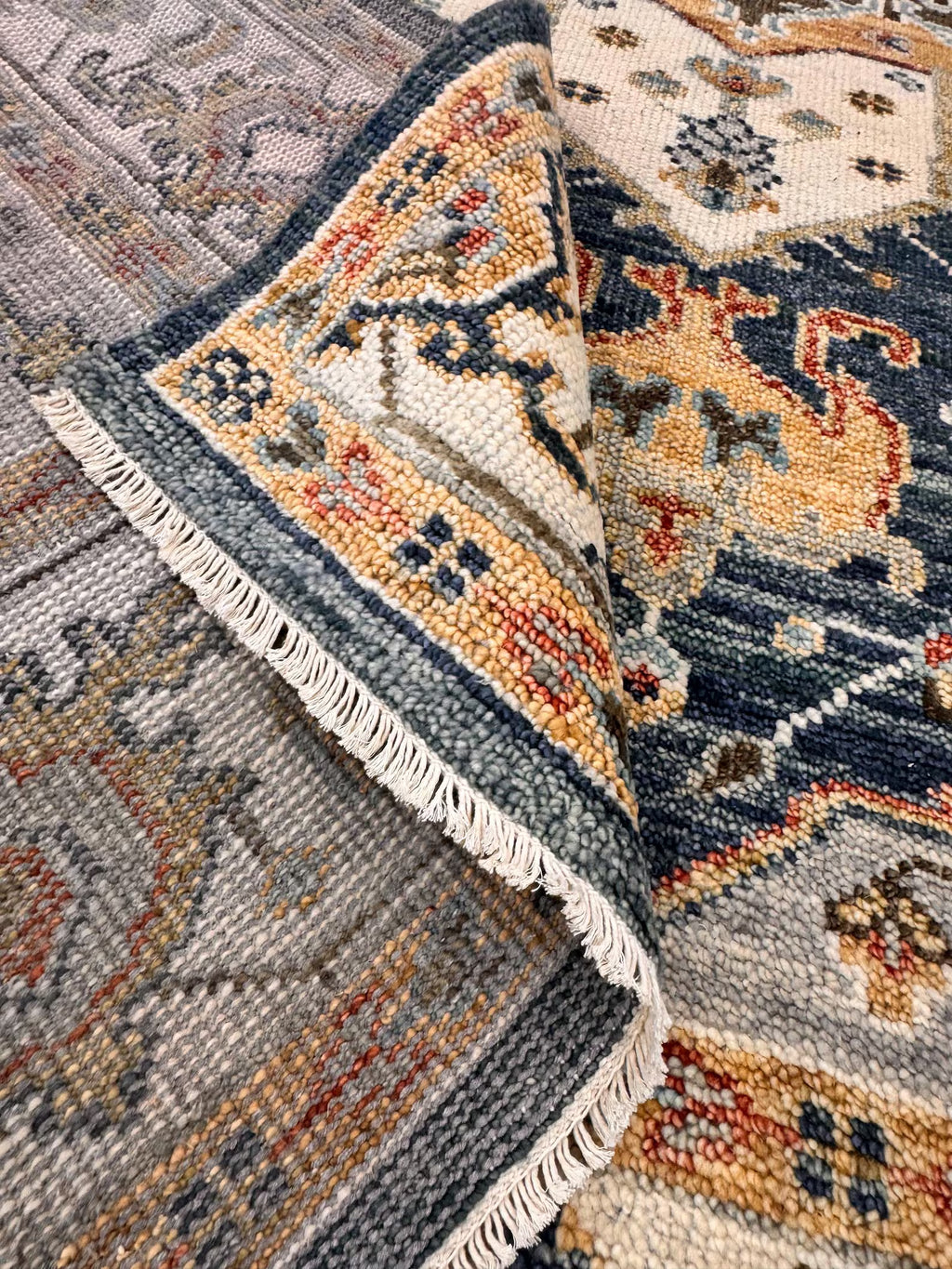 8x10 Hand-Knotted Mid-Century Modern Area Rug | Earthy Blue, Sage Green & Cream