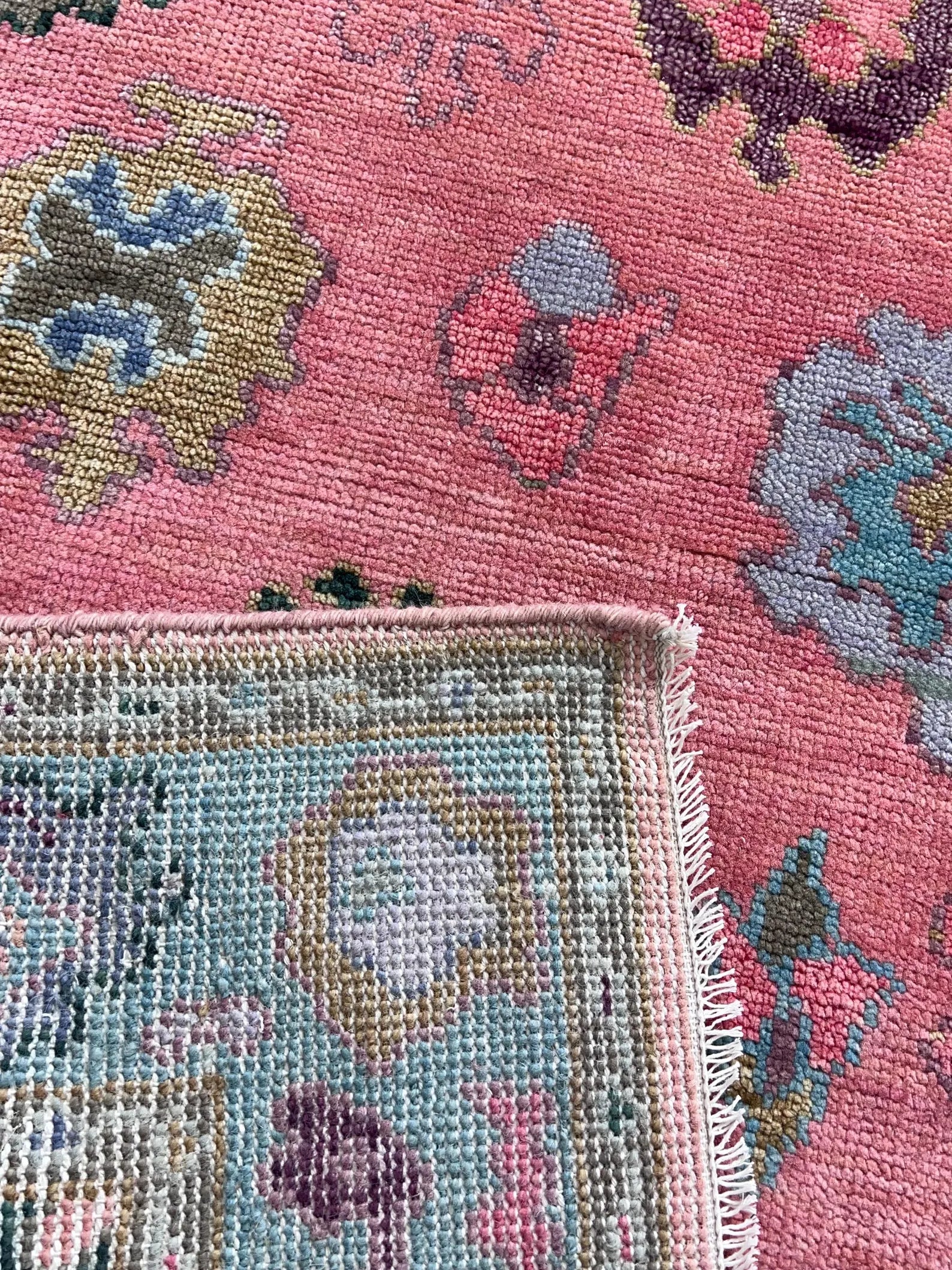 Hand Knotted Pink Oushak Rug Turkish Wool Area Rug