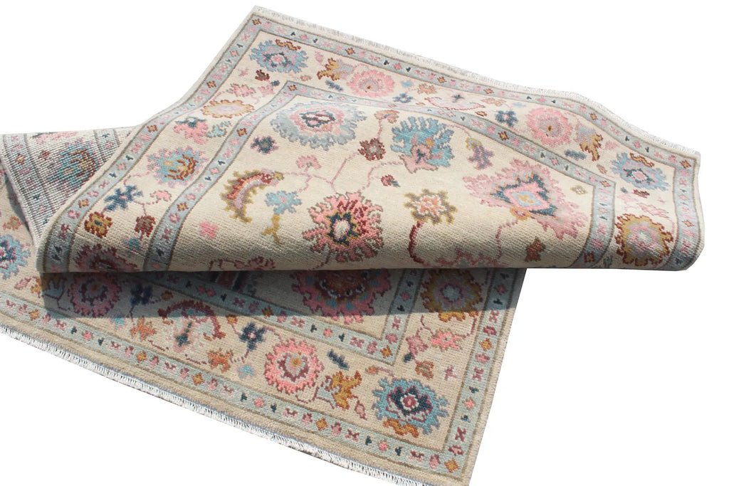Hand Knotted Oushak Rug Ivory Turkish Wool Area Rug