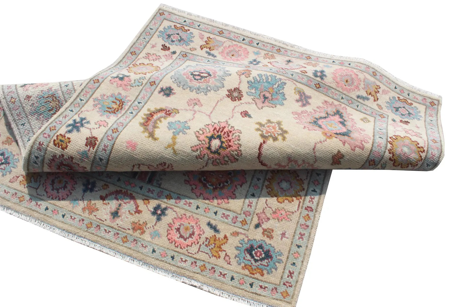 Hand Knotted Oushak Rug Ivory Turkish Wool Area Rug
