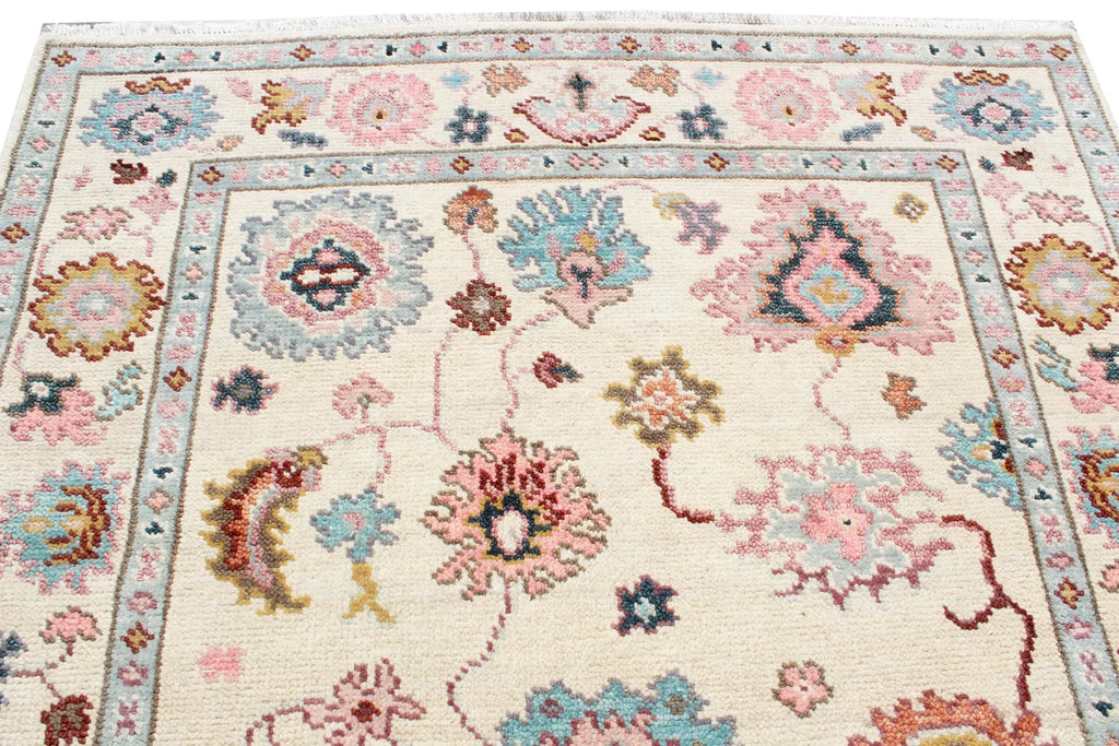 Hand Knotted Oushak Rug Ivory Turkish Wool Area Rug
