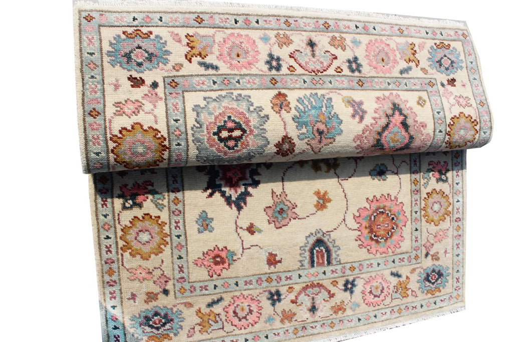 Hand Knotted Oushak Rug Ivory Turkish Wool Area Rug