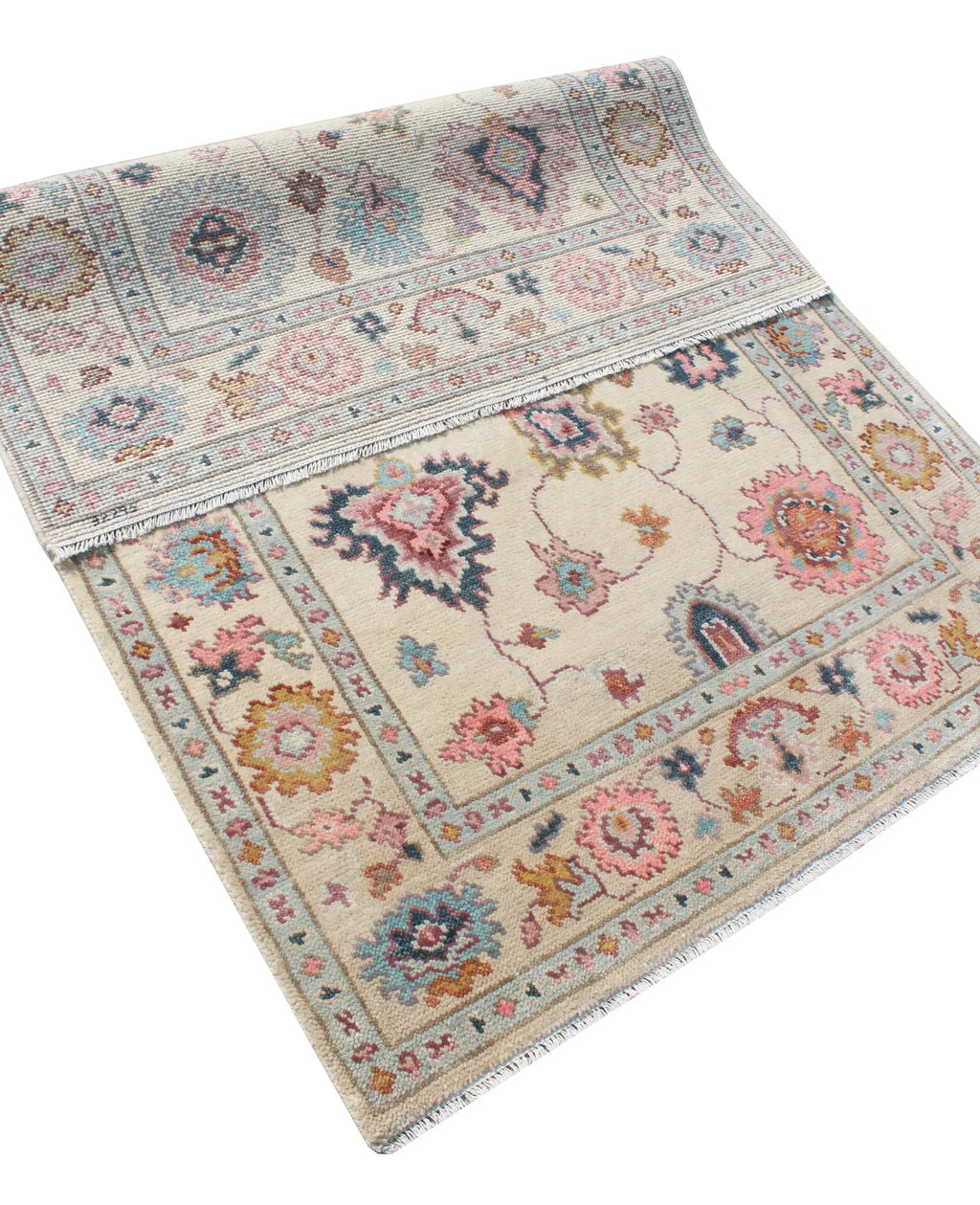 Hand Knotted Oushak Rug Ivory Turkish Wool Area Rug