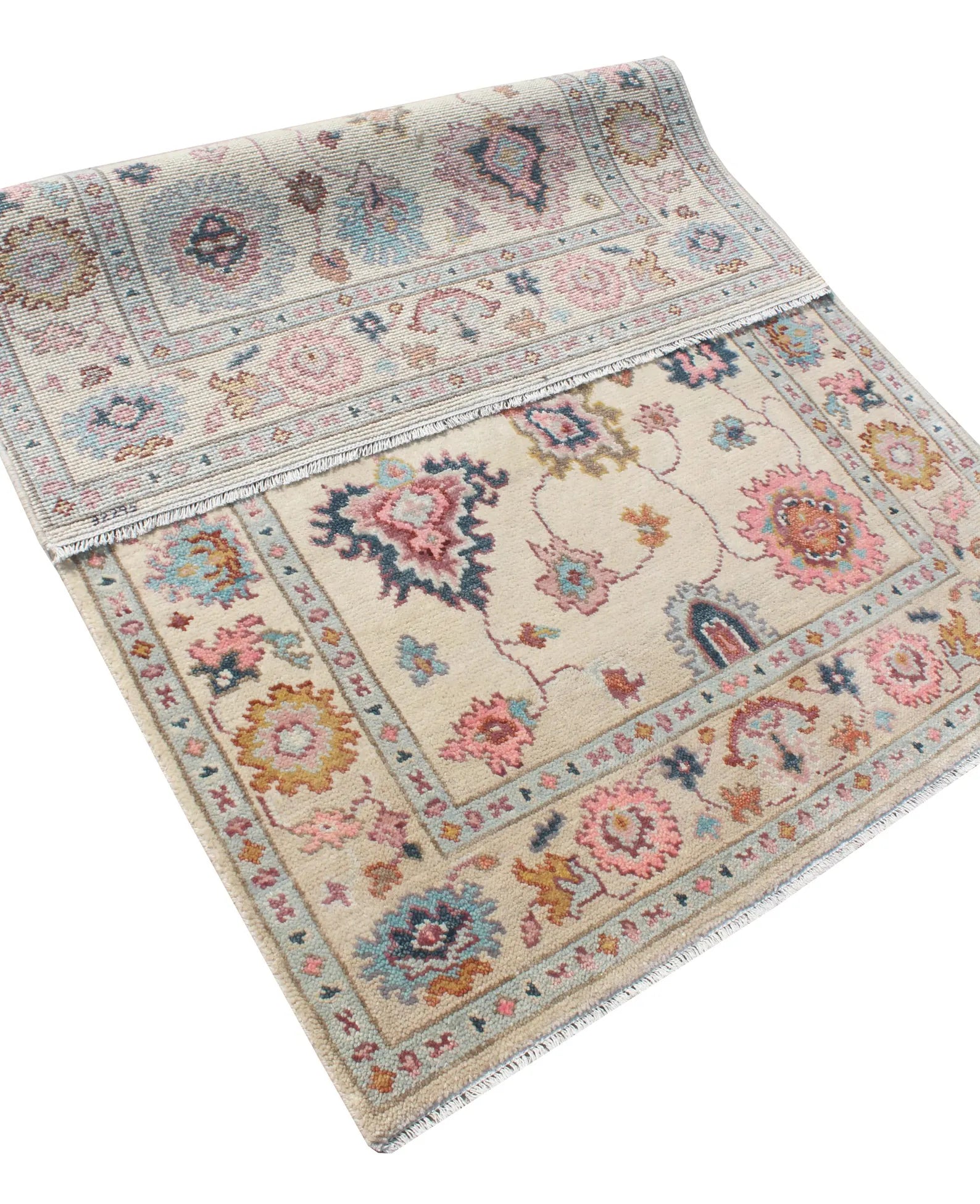 Hand Knotted Oushak Rug Ivory Turkish Wool Area Rug