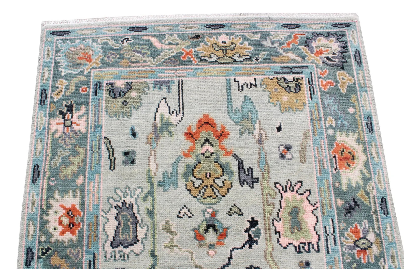 Hand Knotted Muted Oushak Rug - Sage Green Turkish Wool Area Rug