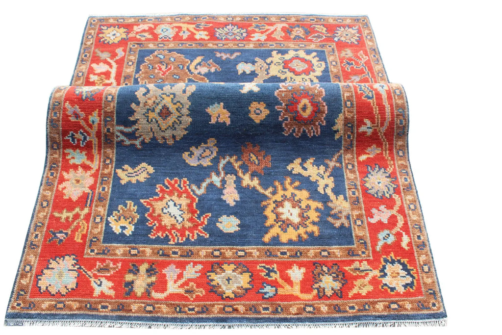 Hand Knotted Oushak Rug Blue Rust Turkish Wool Area Rug