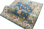Hand Knotted Oushak Rug Blue Ivory Turkish Wool Area Rug