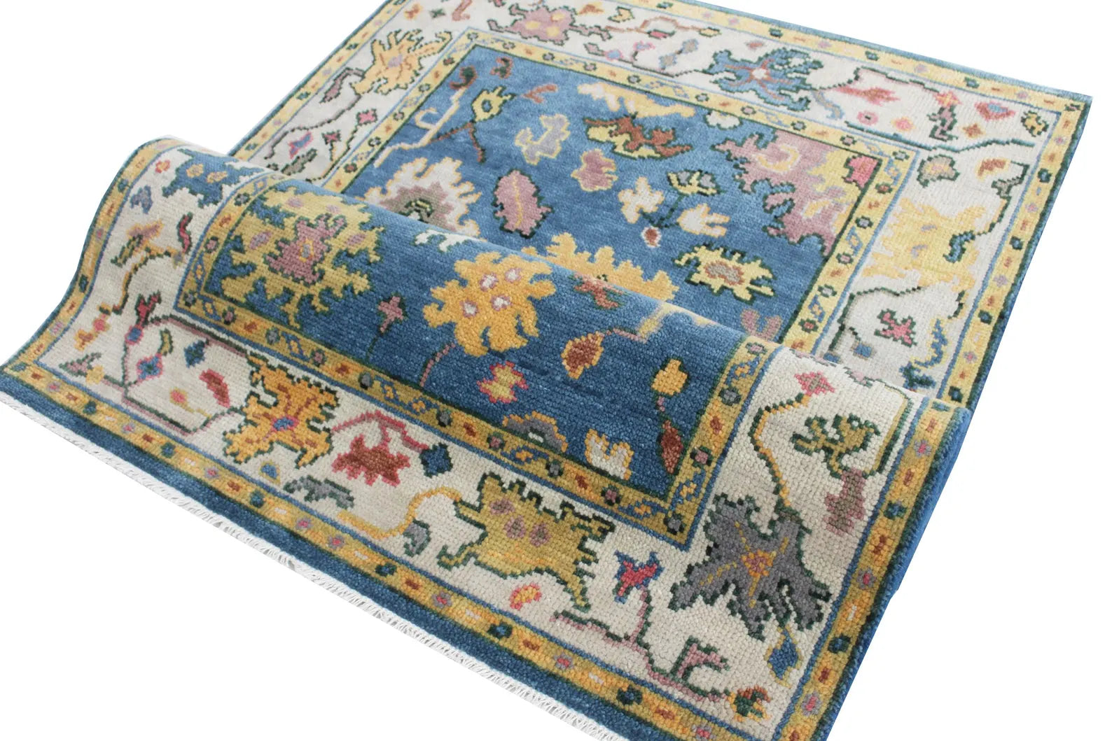 Hand Knotted Oushak Rug Blue Ivory Turkish Wool Area Rug