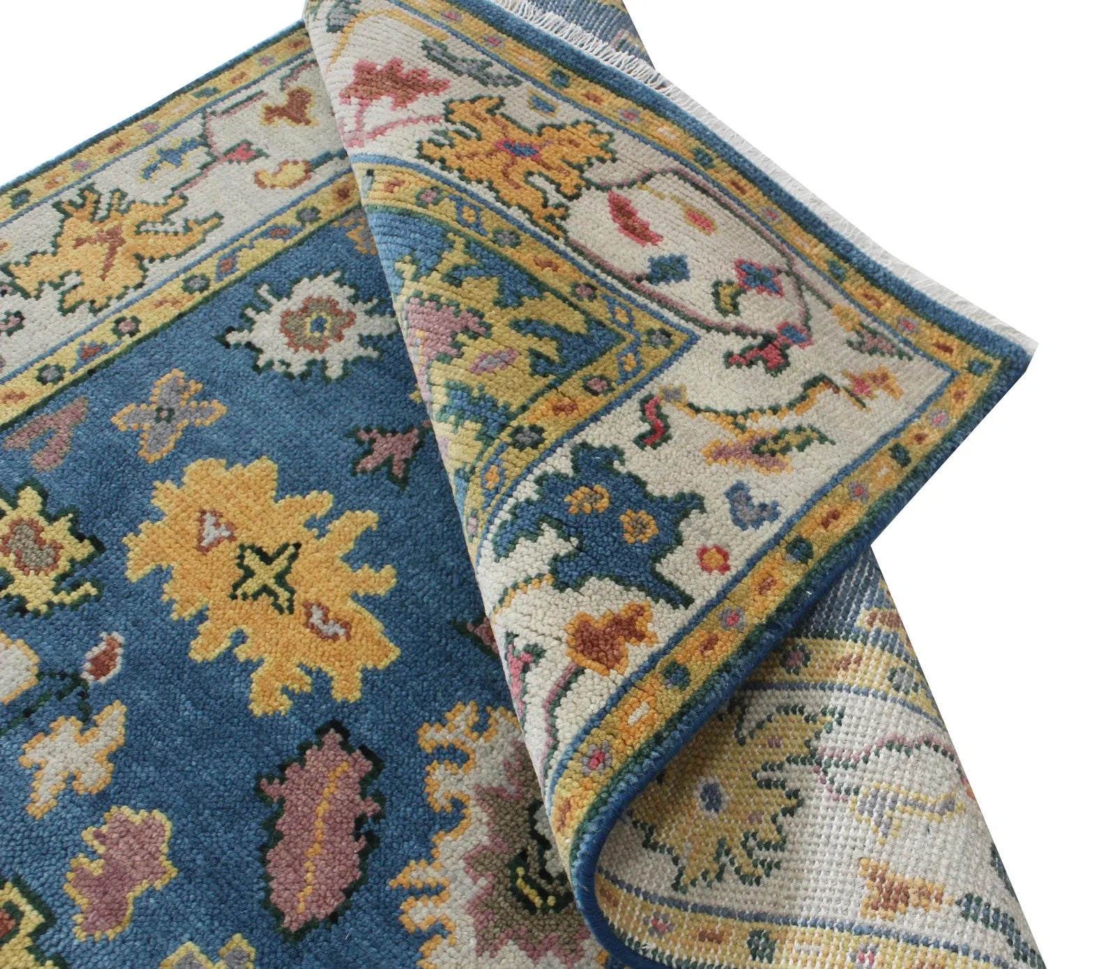 Hand Knotted Oushak Rug Blue Ivory Turkish Wool Area Rug