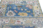 Hand Knotted Oushak Rug Blue Ivory Turkish Wool Area Rug