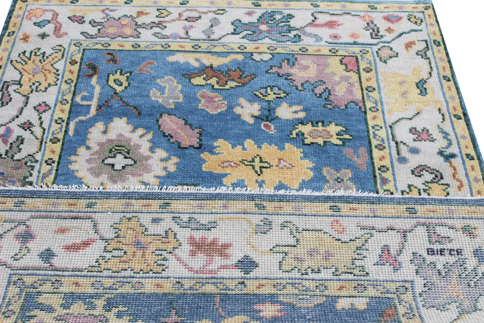 Hand Knotted Oushak Rug Blue Ivory Turkish Wool Area Rug