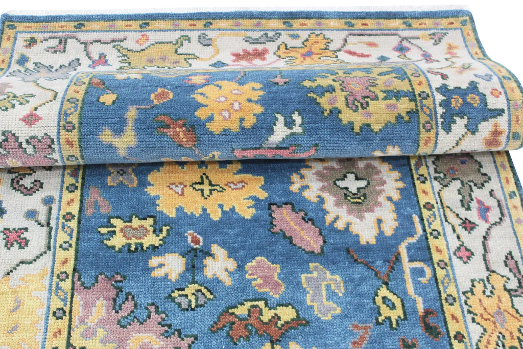 Hand Knotted Oushak Rug Blue Ivory Turkish Wool Area Rug