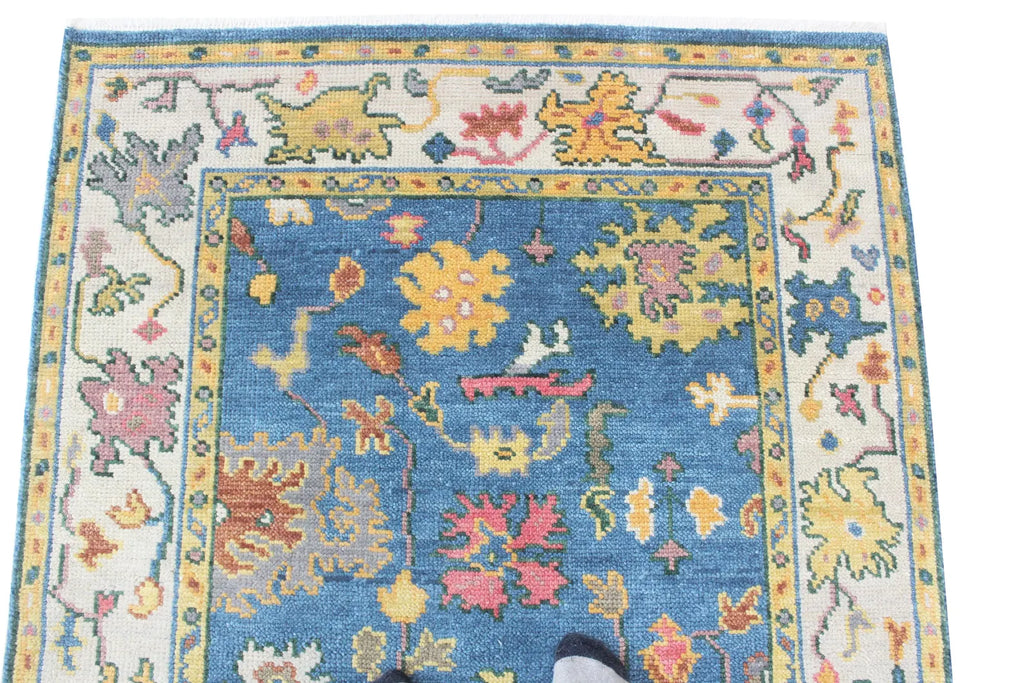 Hand Knotted Oushak Rug Blue Ivory Turkish Wool Area Rug