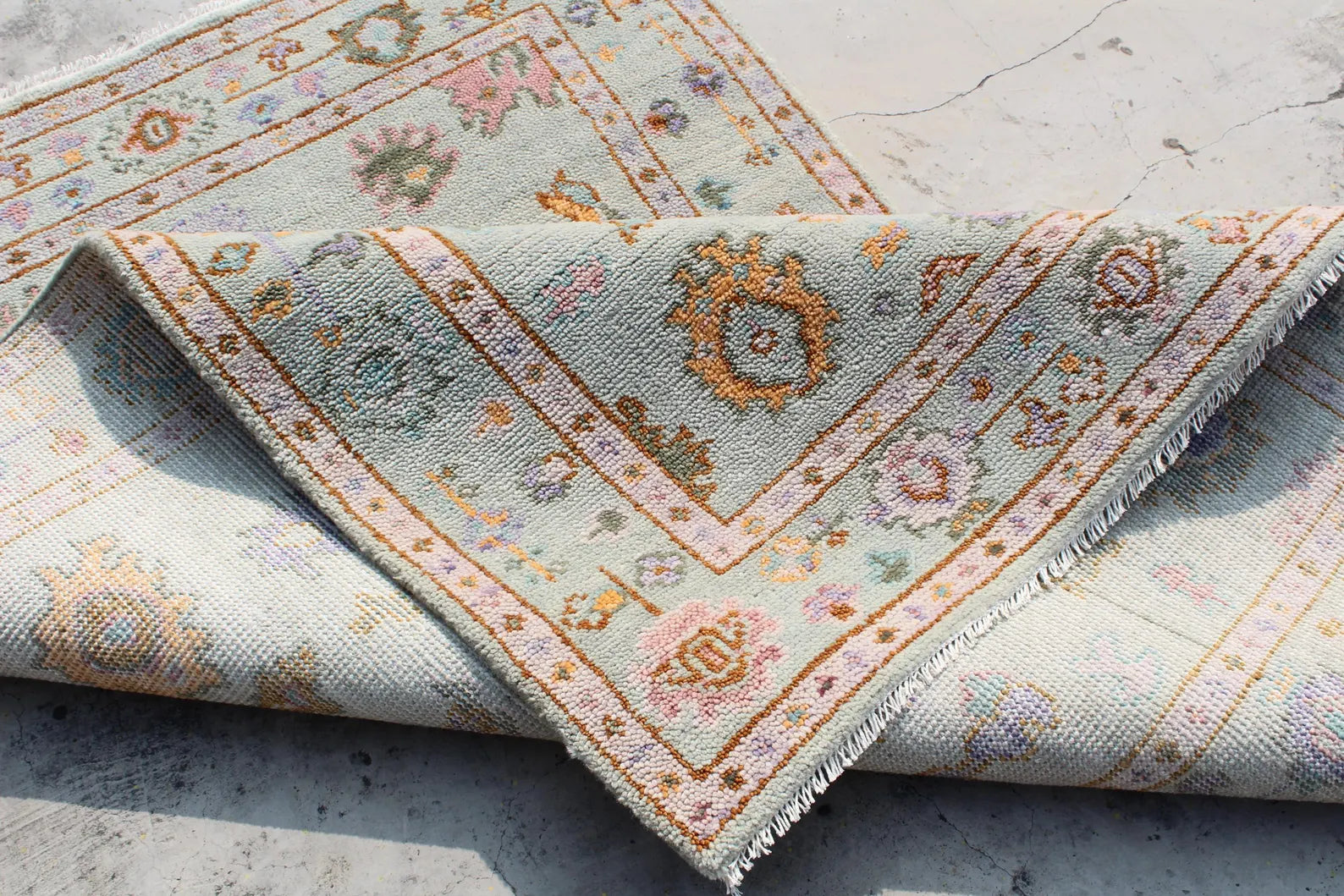 Muted Pastel Sage Green Traditional Turkish Style Rug