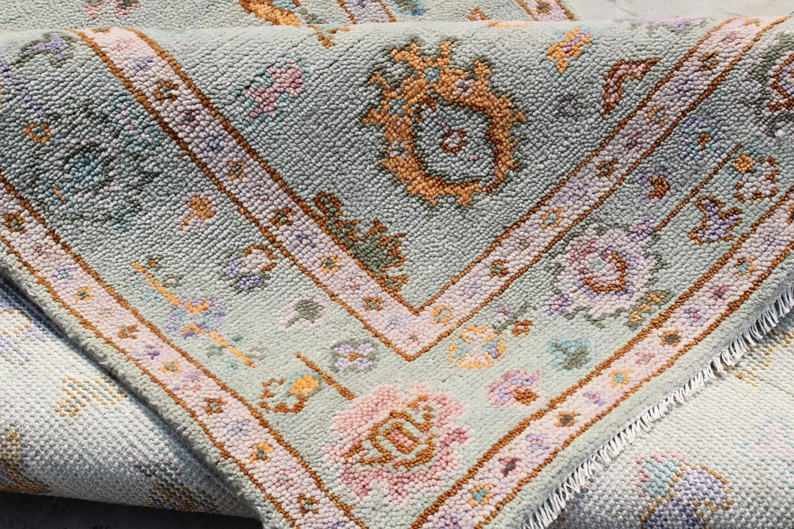 Muted Pastel Sage Green Traditional Turkish Style Rug