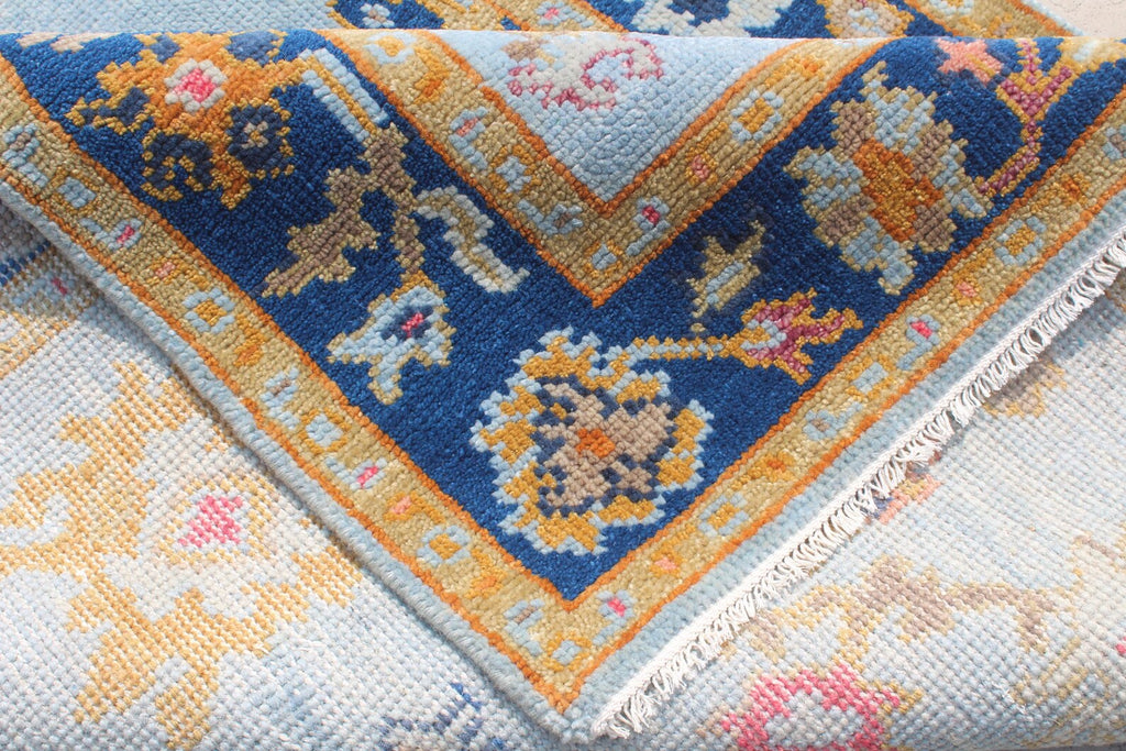 Hand Knotted Oushak Rug Blue & Gold Turkish Wool Area Rug