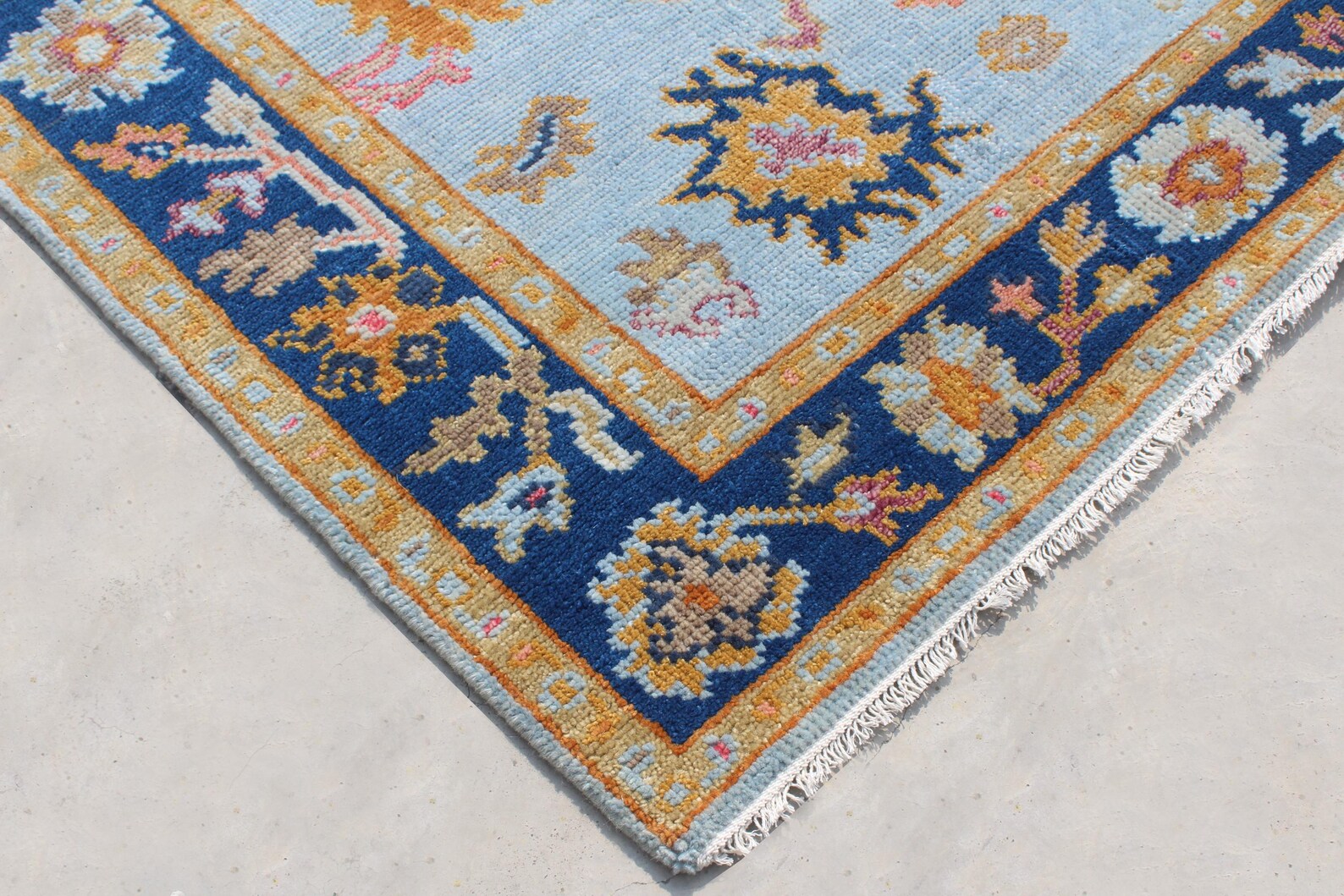 Hand Knotted Oushak Rug Blue & Gold Turkish Wool Area Rug