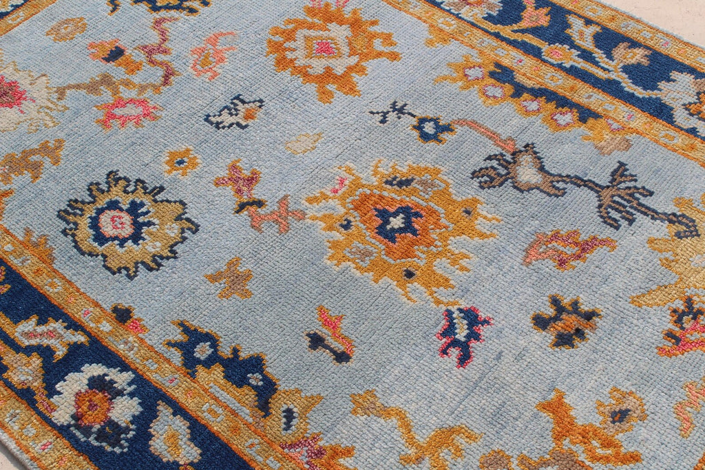 Hand Knotted Oushak Rug Blue & Gold Turkish Wool Area Rug