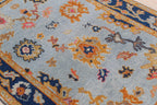 Hand Knotted Oushak Rug Blue & Gold Turkish Wool Area Rug