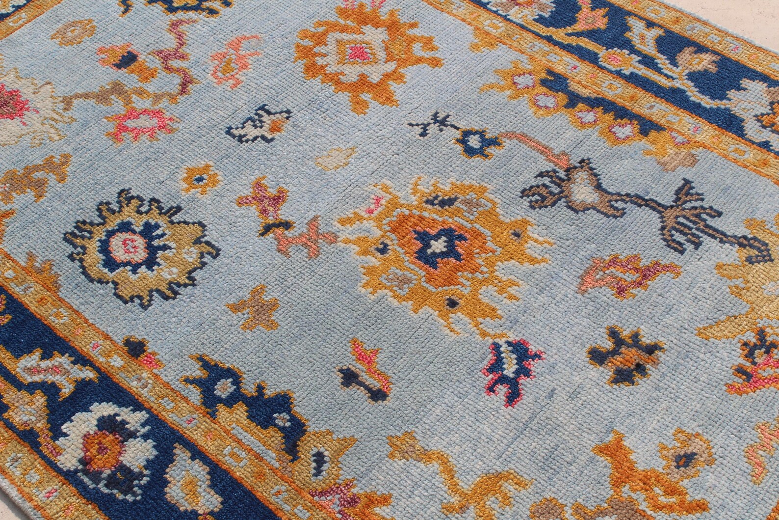 Hand Knotted Oushak Rug Blue & Gold Turkish Wool Area Rug