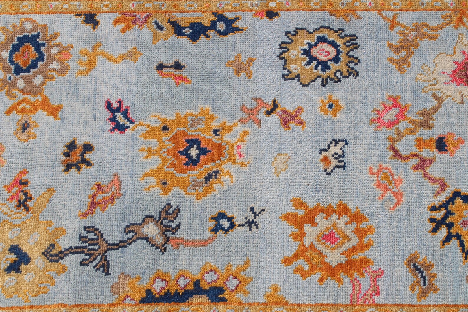 Hand Knotted Oushak Rug Blue & Gold Turkish Wool Area Rug