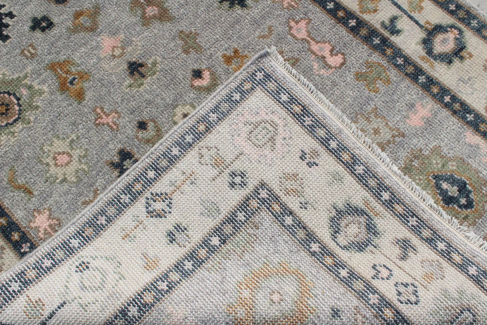 Gray Ivory Hand-Knotted Oushak Wool Rug, Modern Turkish Muted Pastel Area Rug