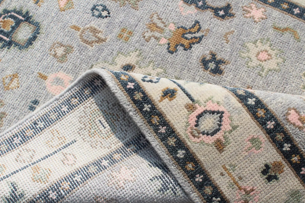 Gray Ivory Hand-Knotted Oushak Wool Rug, Modern Turkish Muted Pastel Area Rug