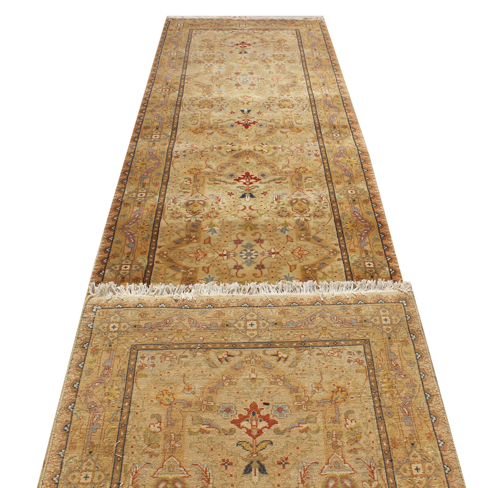 Hand-Knotted 12 ft and 14 ft Gold Gold Oushak Wool Runner Rug – Vintage Style Medallion Runner