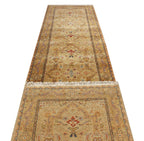 Hand-Knotted 12 ft and 14 ft Gold Gold Oushak Wool Runner Rug – Vintage Style Medallion Runner