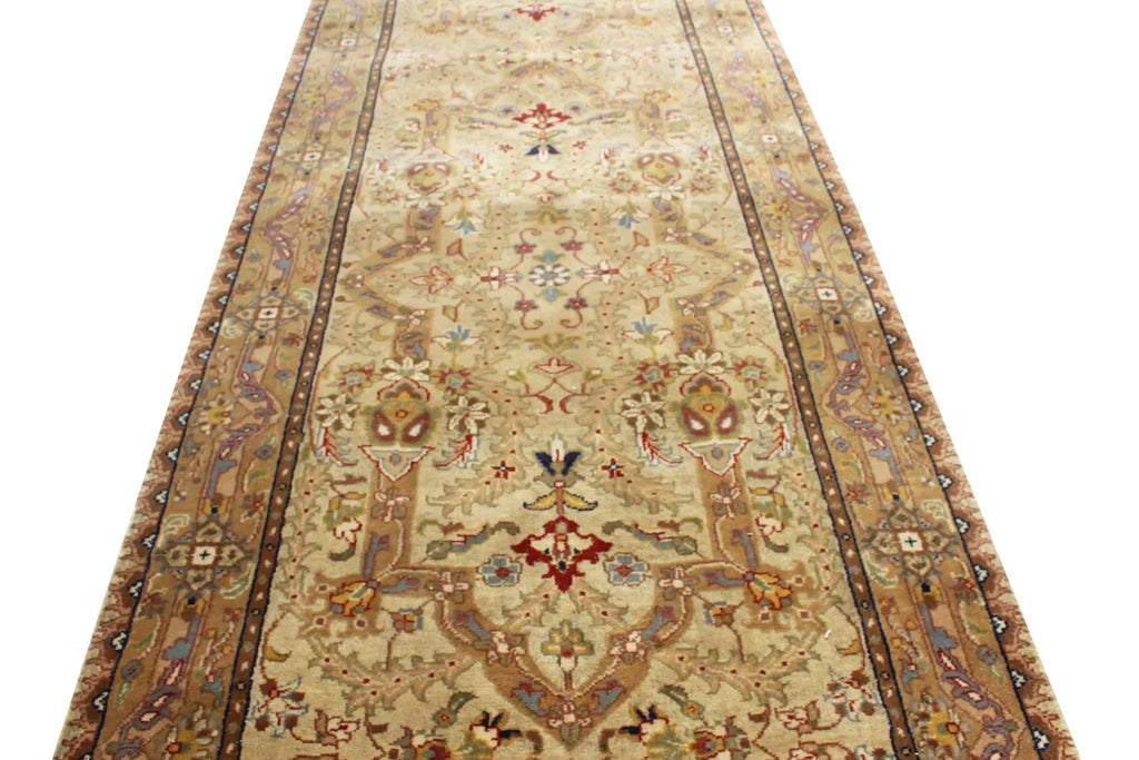 Hand-Knotted 12 ft and 14 ft Gold Gold Oushak Wool Runner Rug – Vintage Style Medallion Runner