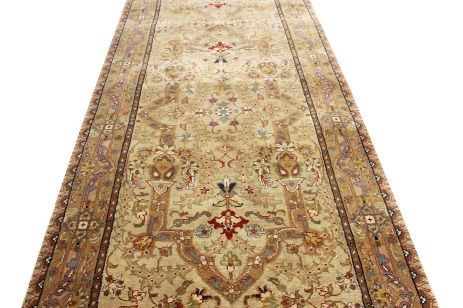 Hand-Knotted 12 ft and 14 ft Gold Gold Oushak Wool Runner Rug – Vintage Style Medallion Runner