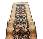 12 ft long Traditional oriental Style, Black & Gold New Zealand Wool Runner Rug