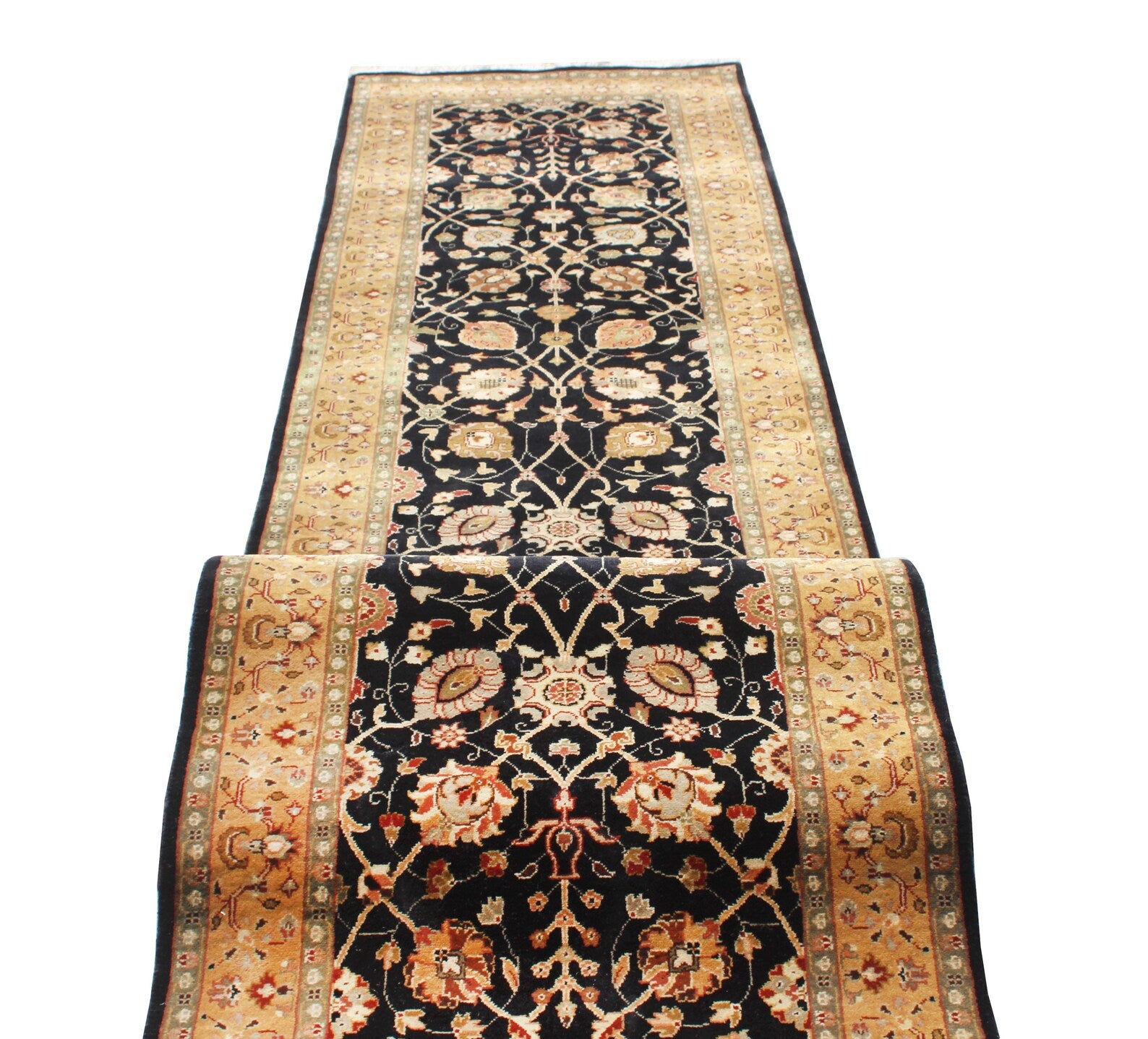 12 ft long Traditional oriental Style, Black & Gold New Zealand Wool Runner Rug